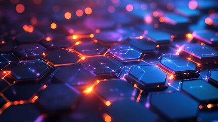 Obraz premium A futuristic digital illustration of glowing blue and orange hexagons in a honeycomb pattern