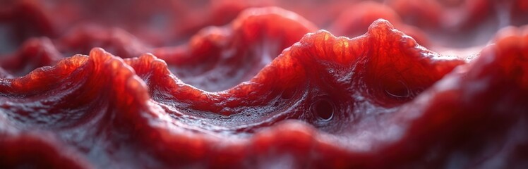 Macro photo of red muscle fiber tissue in detail. Detailed view of organic anatomy structure. Abstract image of human anatomy for health or biology studies.
