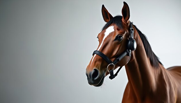 Brown horse wears headset mic in studio. Animal presents broadcasting or modern audio tech. Equine mammal has a microphone for sound recording or podcast. Elegant pet looks at camera indoors isolated.
