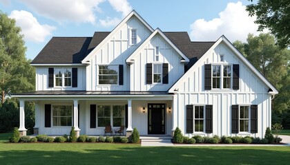Modern white farmhouse exterior with black shutters and accents. Features a large covered porch, manicured lawn, and mature trees surrounding the residence. Elegant suburban home design.
