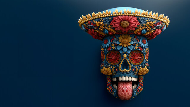 a skeleton with a sombrero on its head sticks its tongue out in a grimace