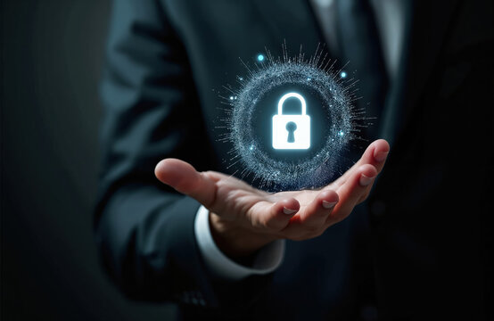 Business man in suit holds digital lock icon. Futuristic tech concept represents data protection and cybersecurity. Digital security lock glows on man open palm on dark background. - Powered by Adobe