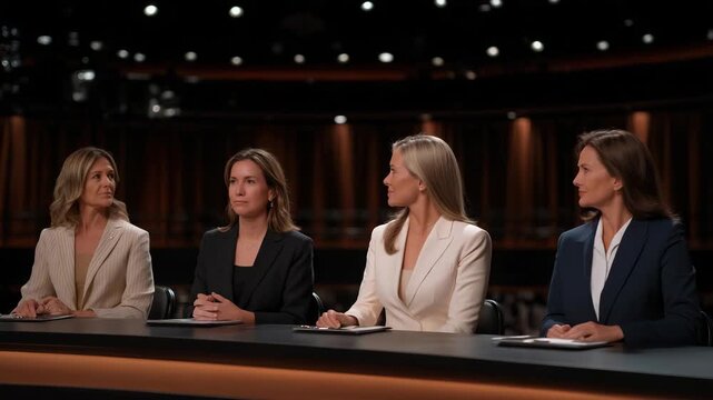 A diverse panel of women politicians debating policy reforms on a televised broadcast, studio lights highlighting their intensity and professionalism &mdash; political discourse and representation.