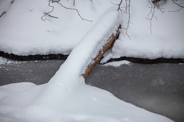 Snow-covered log leaning over a frozen stream in winter forest. Minimalist natural scene showing contrast between soft snow, rough wood and icy water, creating a calm and tranquil seasonal atmosphere