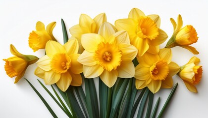 prompt bright yellow daffodil flowers blooming on white background symbolizing spring and renewal