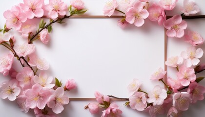 delicate pink blossoms frame a white space showcasing a vibrant spring scene