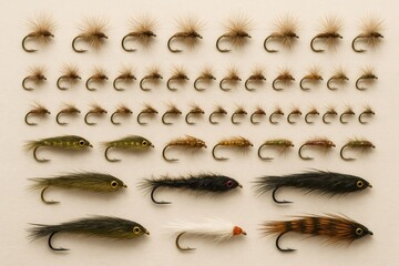 Assortment of artificial fly fishing lures arranged creating a pattern, showing different sizes, colors, and types of flies