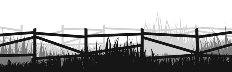 Fototapeta premium Meadow silhouettes with grass and old wooden fence. Countryside, panoramic summer lawn rural landscape with herbs, weeds. Herbal border, frame element. Black horizontal banners. Vector illustration