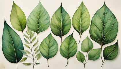 watercolor depiction of various green leaves detailed veins different shapes