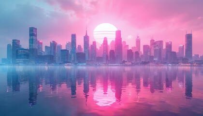 Obraz premium Modern city skyline at sunset with vibrant pink, blue sky over water. Tall buildings reflect in calm surface. Large white sun sets behind towers, creating aesthetic urban landscape. Neon light fills