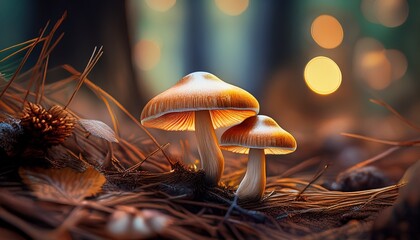 close up of two mushrooms emerging from the forest floor covered with dry pine needles and brown leaves