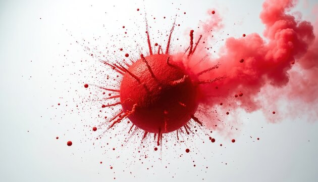 Red sphere bursts outward emitting small particles and red smoke. Abstract concept of virus spreading or energy release on white background. Dynamic motion and dispersion.