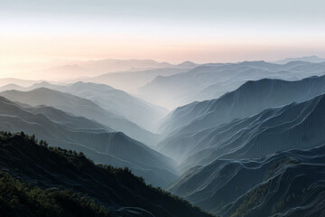 Layered mountain landscape illustration features soft gradients and intricate textures, creating a tranquil ambiance ideal for nature-inspired designs and artistic projects