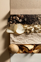 Flat lay composition featuring compostable materials in organized sections, highlighting textures and a calm palette to promote waste reduction awareness