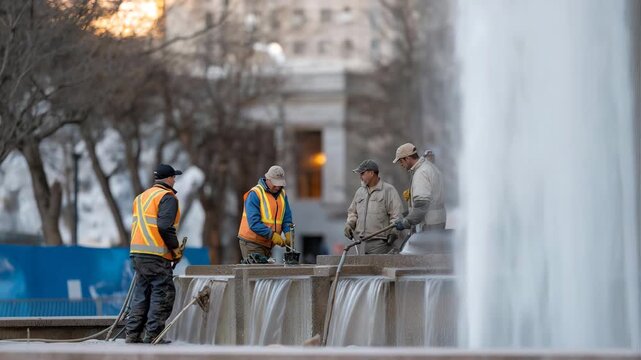 A municipal team applying eco-friendly antifreeze treatments to city fountains and public water features to prevent structural damage during deep freezes. cinematic color correction, natural uneven