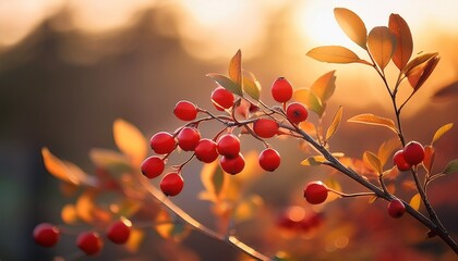 close up of bright red berries growing on thin branches with soft golden sunlight illuminating the scene