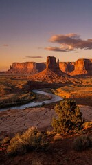 Obraz premium Monument Valley landscape at sunset with winding river and mesas