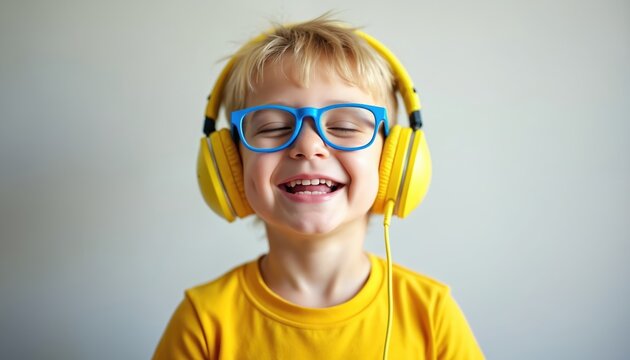 Smiling child enjoys music in yellow headphones. Boy wears blue glasses against grey wall. Kid listens to tunes with happiness. Down syndrome awareness, inclusion, support for developmental delays