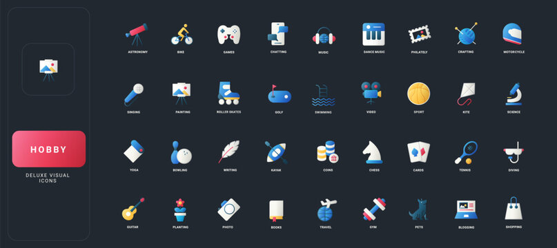 Gradient flat style icons set with diverse hobby activities, creative interests, sports, music, games, travel, and leisure objects on dark UI background vector illustration.