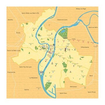 Carte illustr&eacute;e et stylis&eacute;e de la ville de Lyon avec quartiers, fleuves Rh&ocirc;ne et Sa&ocirc;ne et rep&egrave;res urbains, en illustration graphique vectorielle