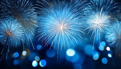 blue fireworks bursts against a dark backdrop with a bokeh effect