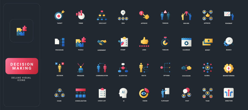 Gradient flat style icons set with decision making, teamwork, communication, planning, brainstorming, and business process elements on dark UI background vector illustration.