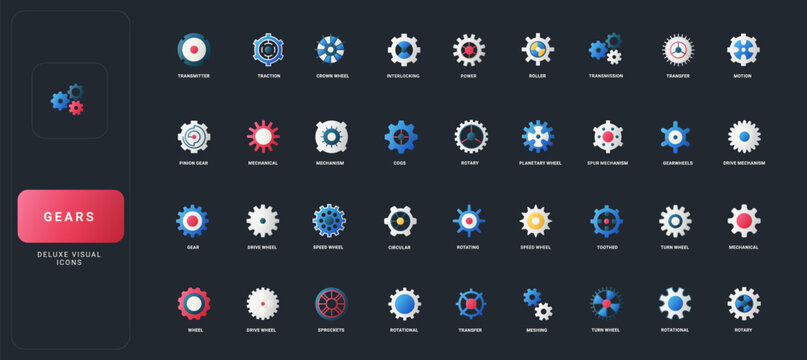 Gradient flat style icons set with mechanical gears, cogs, wheels, and transmission elements on dark UI background vector illustration - industrial, engineering, and machinery concepts visualized.