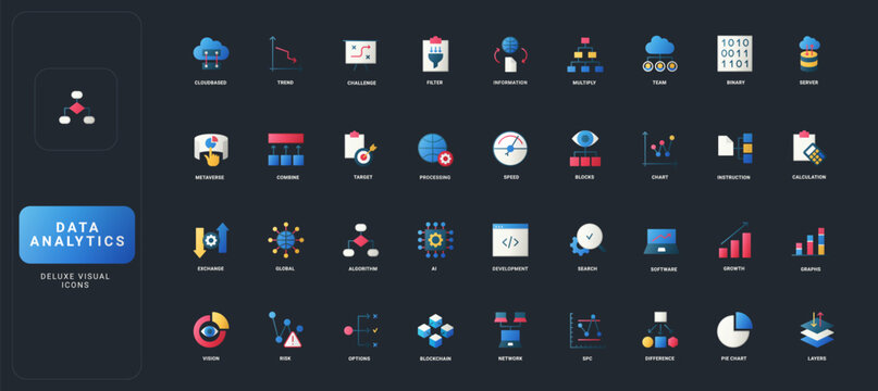 Gradient flat style icons set with data analytics, big data, AI, blockchain, cloud, charts, and network concepts on dark UI background vector illustration.