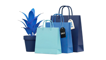 Blue Shopping Bags with Sale Tags and Potted Plant