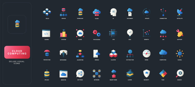 Gradient flat style icons set with cloud computing, AI, server, data, network, security, and technology concepts on dark UI background vector illustration.