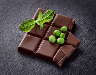 a rich dark chocolate bar garnished with fresh green mint leaves and two green peas on a textured dark surface