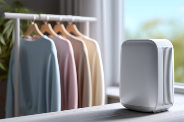 Dehumidifier stands next to clothes rack at home. Smart home, air humidity control