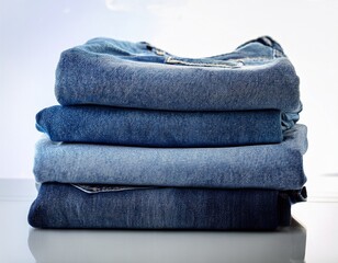 two stacks of folded denim jeans in various shades of blue