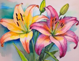 watercolor painting of two pink and yellow lilies with green leaves and stem
