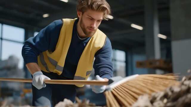 A warehouse worker sweeping debris from a concrete floor before shift change, emphasizing industrial safety, workplace hygiene, and operational readiness. cinematic color correction, natural uneven