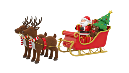 Santa Claus in Sleigh Pulled by Reindeer with Christmas Tree and Gifts