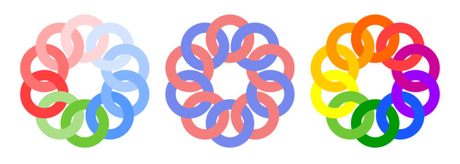 Set of intertwined, continuous circular rings forming chain links in rainbow color palette, pastel, and two-tone shades to create harmonious and unified design. Vector symbols on white background.