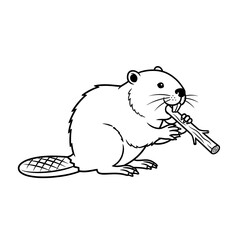 Beaver chewing on a stick black and white illustration.