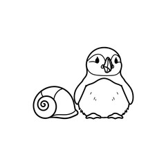 Cute Baby Puffin and Snail Shell Line Art.