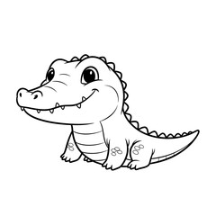 Fototapeta premium Cute baby alligator smiling black and white line art illustration.