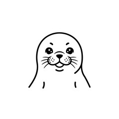 Cute Baby Seal Smiling Face Black and White Outline Drawing.