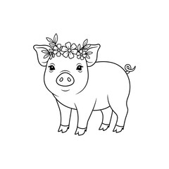 Cute Piglet with Flower Crown Line Art Illustration.