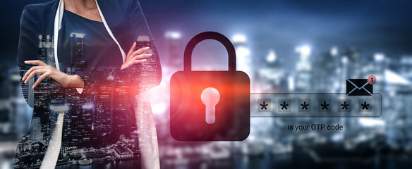 A businesswoman stands confidently in front of a city skyline, symbolizing security with a digital padlock and OTP code alert, emphasizing cybersecurity importance. Gantry