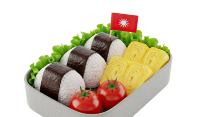 Bento Box with Onigiri, Tamagoyaki, Tomatoes, and Lettuce