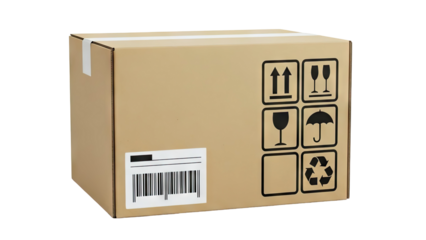 Cardboard Shipping Box with Handling Symbols and Barcode
