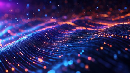 A vibrant digital landscape with glowing blue and orange lights forming wavy patterns across a dark background