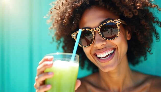 Girl enjoys green drink poolside in summer. Smiling african woman in sunglasses drinks juice. Happy person has fun in sun. Relaxation on vacation. Beauty style and glamour.