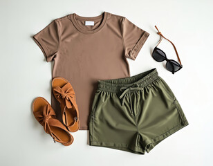 Top view summer outfit. Brown tshirt, green shorts, sandals, sunglasses on white. Casual female clothing. Fashion trendy style, beach apparel for vacation. Copy space design backdrop for brand