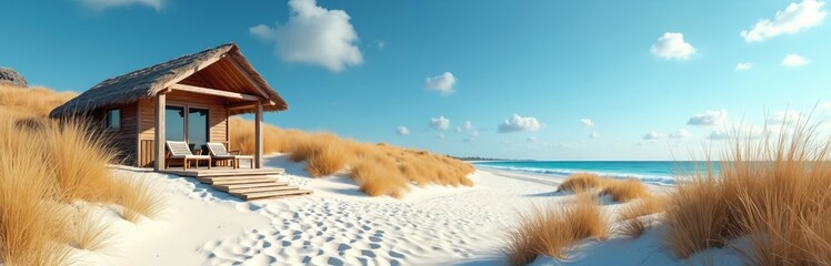 Obraz premium Wooden hut with thatched roof rests on sandy dune overlooking blue ocean. Golden beach grass surrounds cabin. Chairs sit on porch near water.