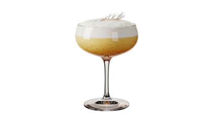 Cocktail with foamy head and garnish on a stemmed glass